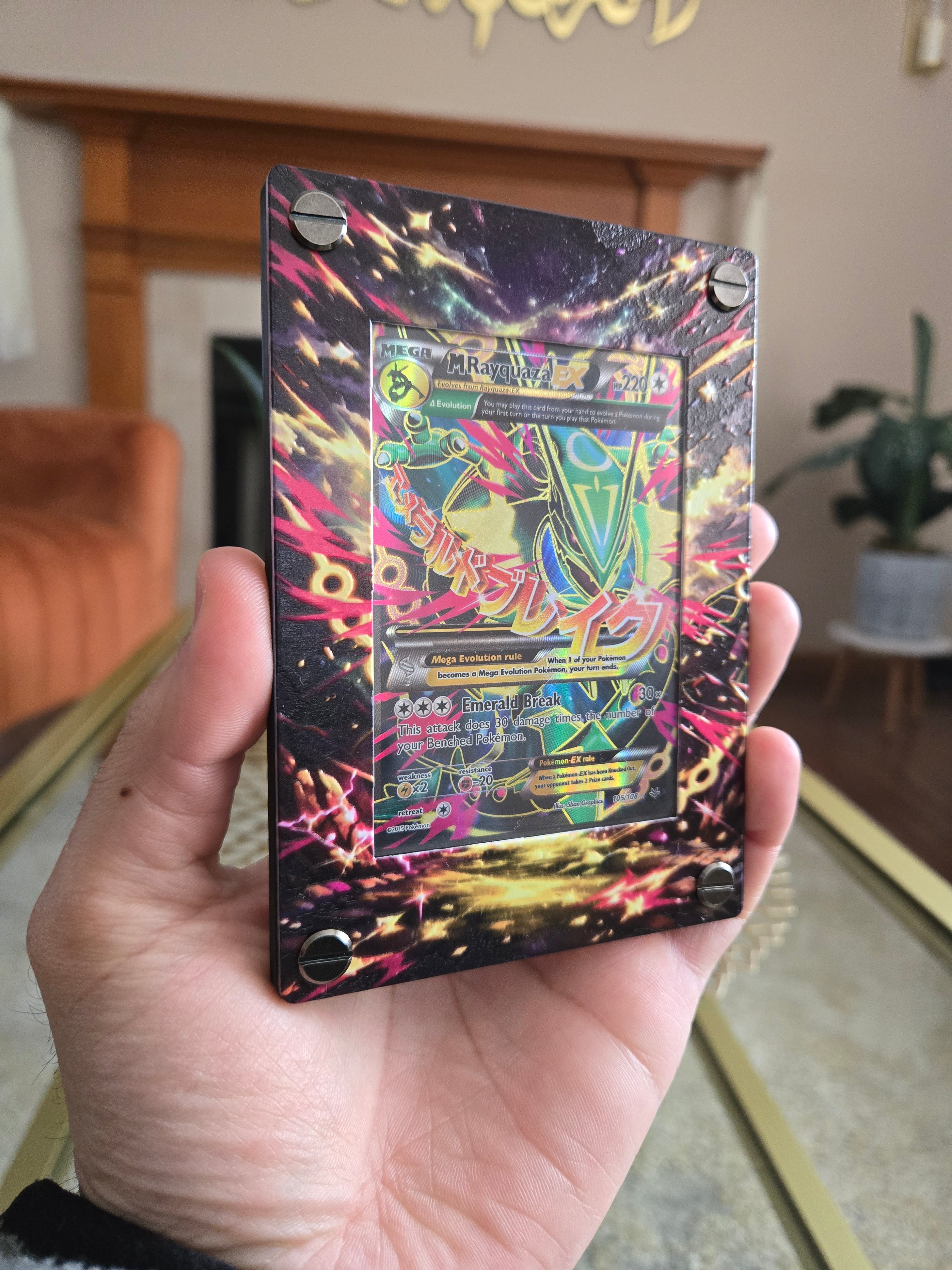 Premium UV Printed Custom M Rayquaza EX 105/108 Card Holder – UV Printed 3D Textured Display Case – Premium TCG Protector (Card Not Included) | Textured Collector Display Case