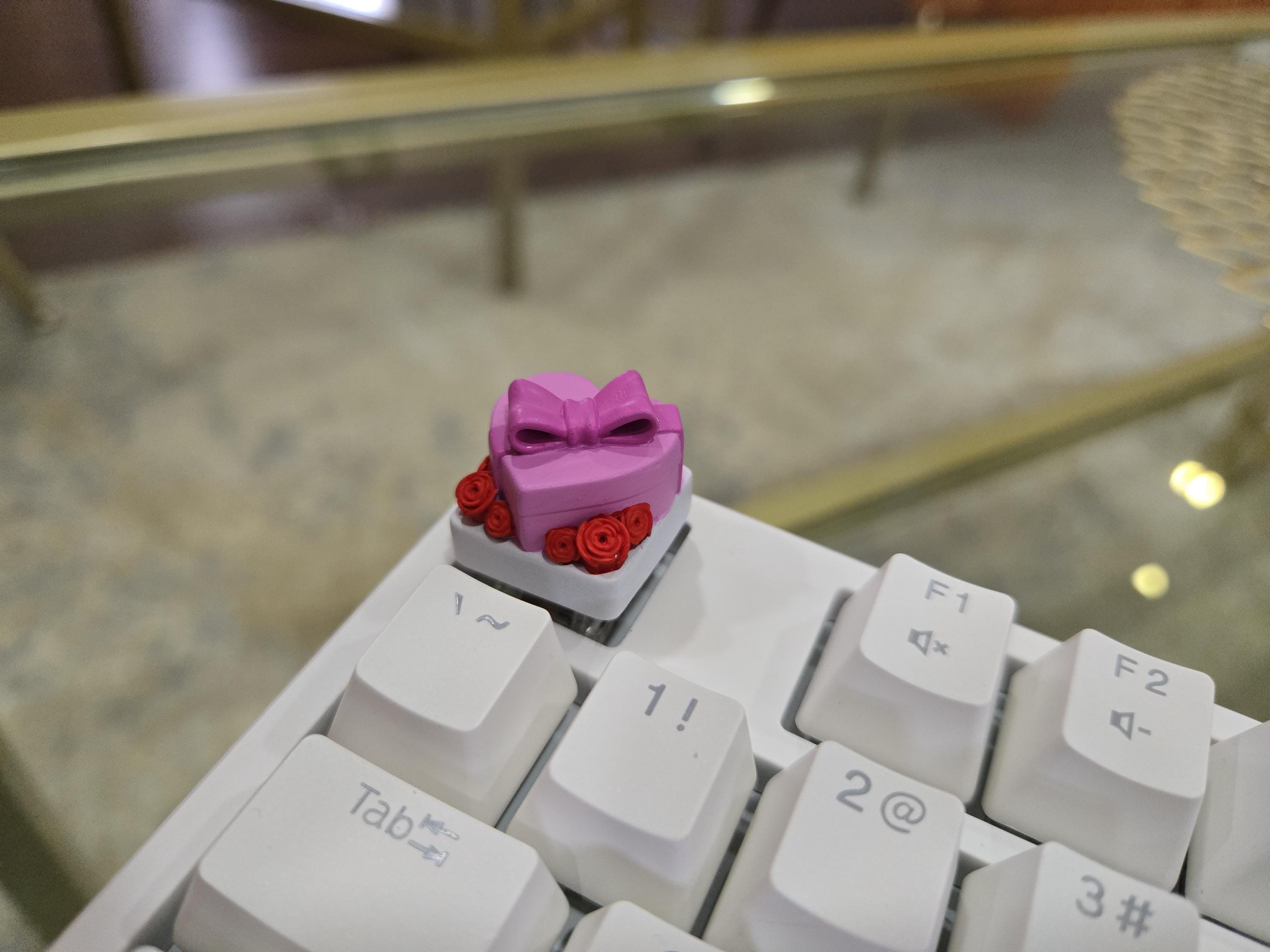Heart & Flower Present Keycap - Hand Painted, Cute Keycap Designs, Cherry MX
